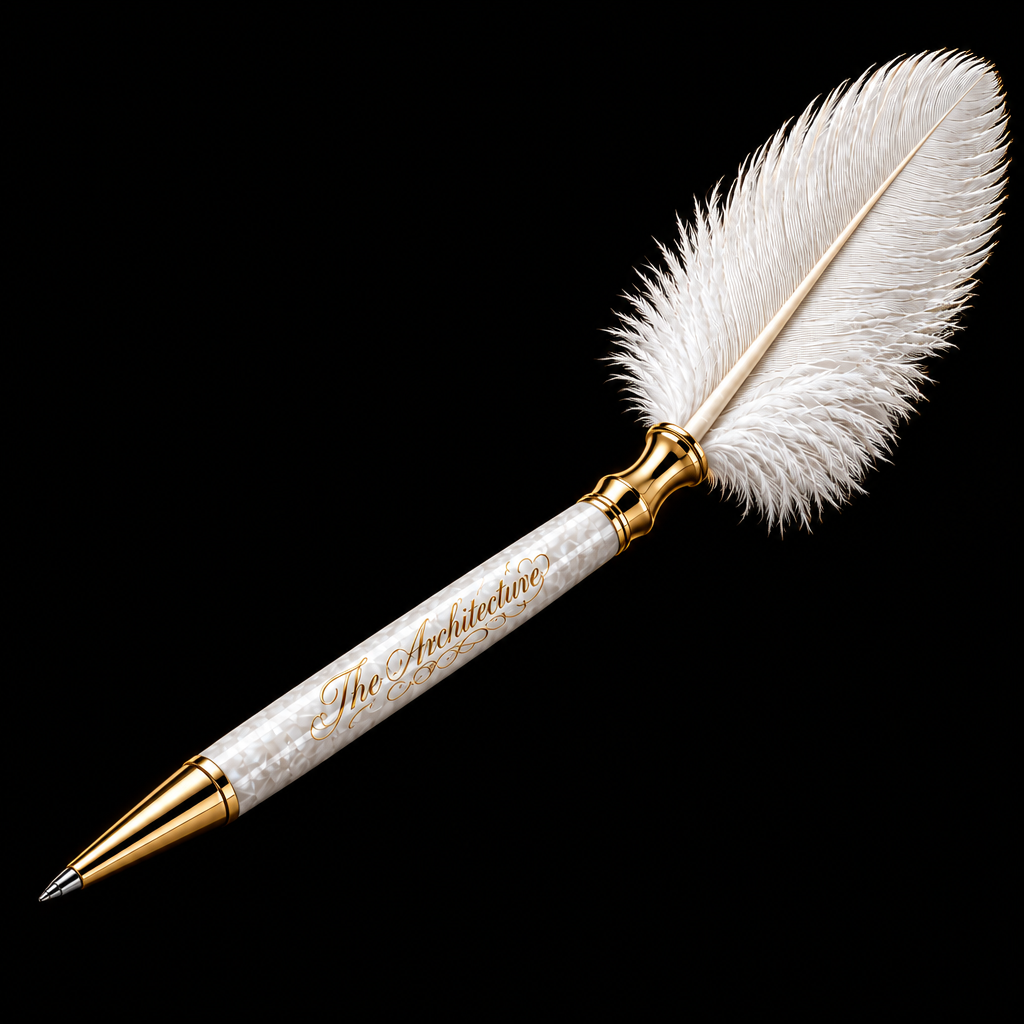The Author's Quill — black background studio product photo with gold The Architecture engraving