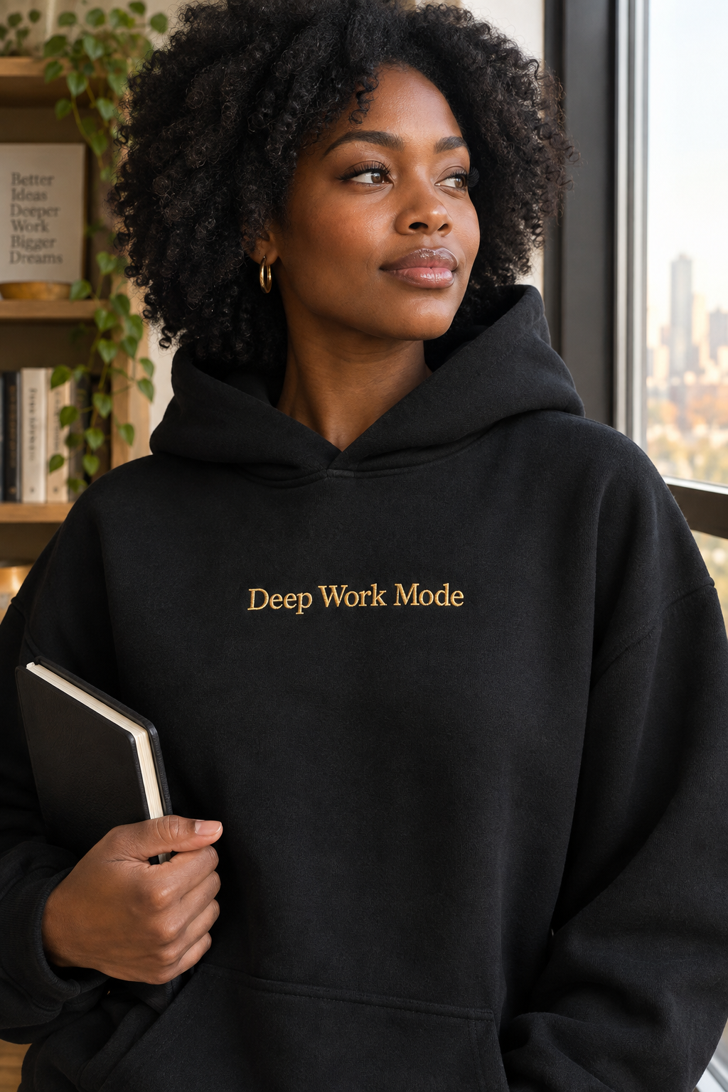Deep Work Mode hoodie — gold embroidered, female lifestyle