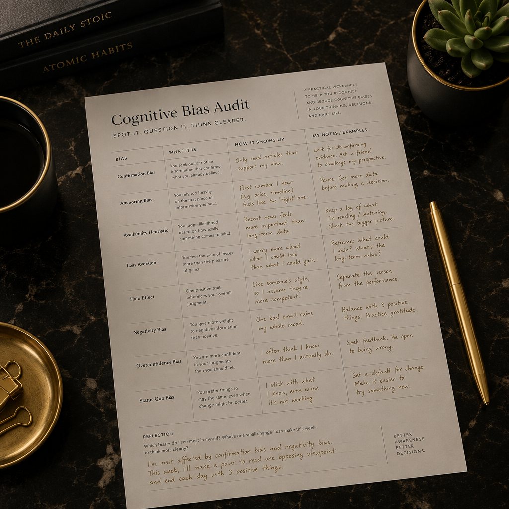 Cognitive Bias Audit — premium editorial flat lay