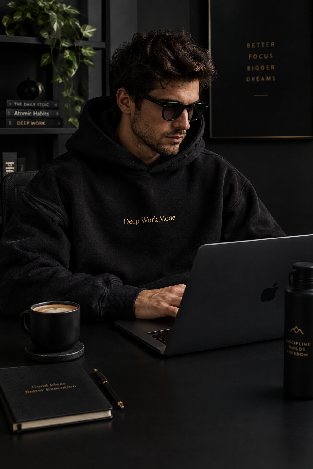 Deep Work Mode hoodie lifestyle shot — entrepreneur at desk
