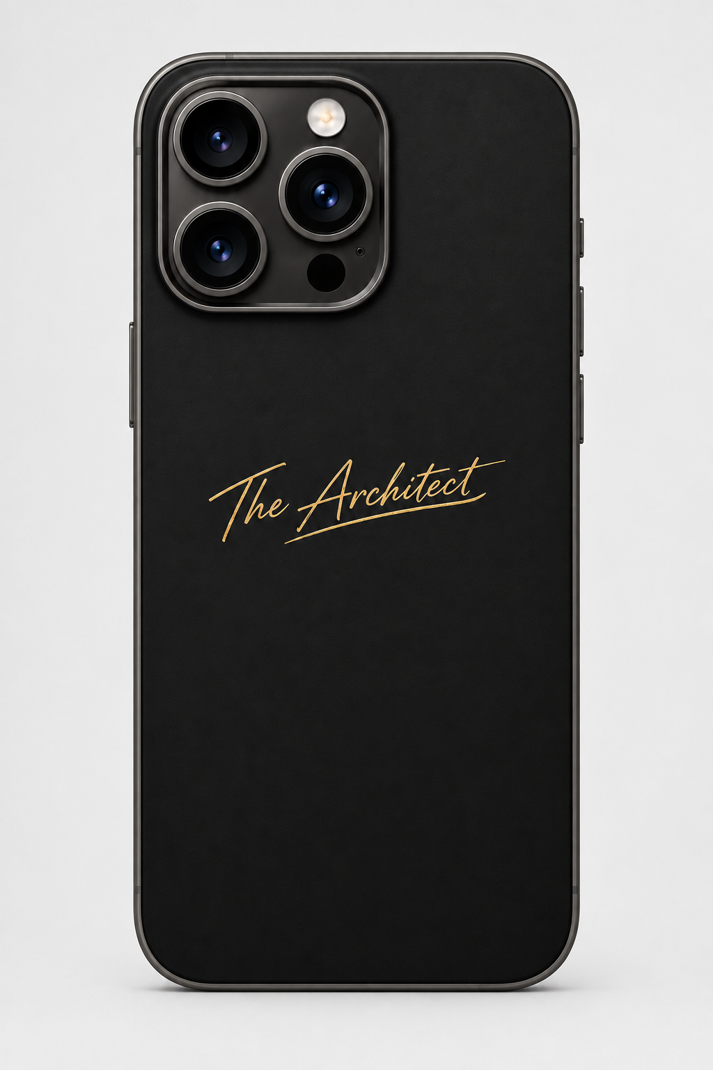Matte black iPhone 16 Pro phone case back view grey background gold The Architect signature
