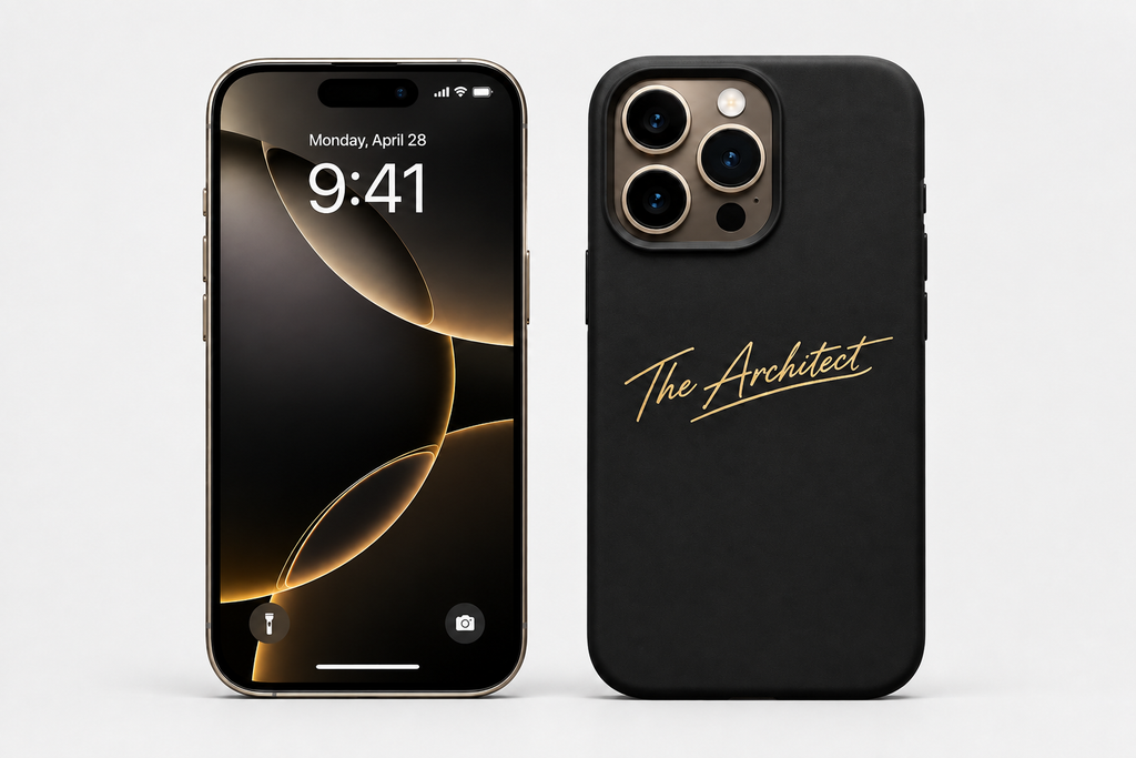 iPhone 16 Pro front and back matte black The Architect case grey background