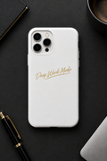 Matte white phone case with gold Deep Work Mode text