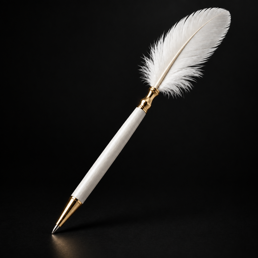 The Author's Quill feather pen with gold accents on a dark premium background