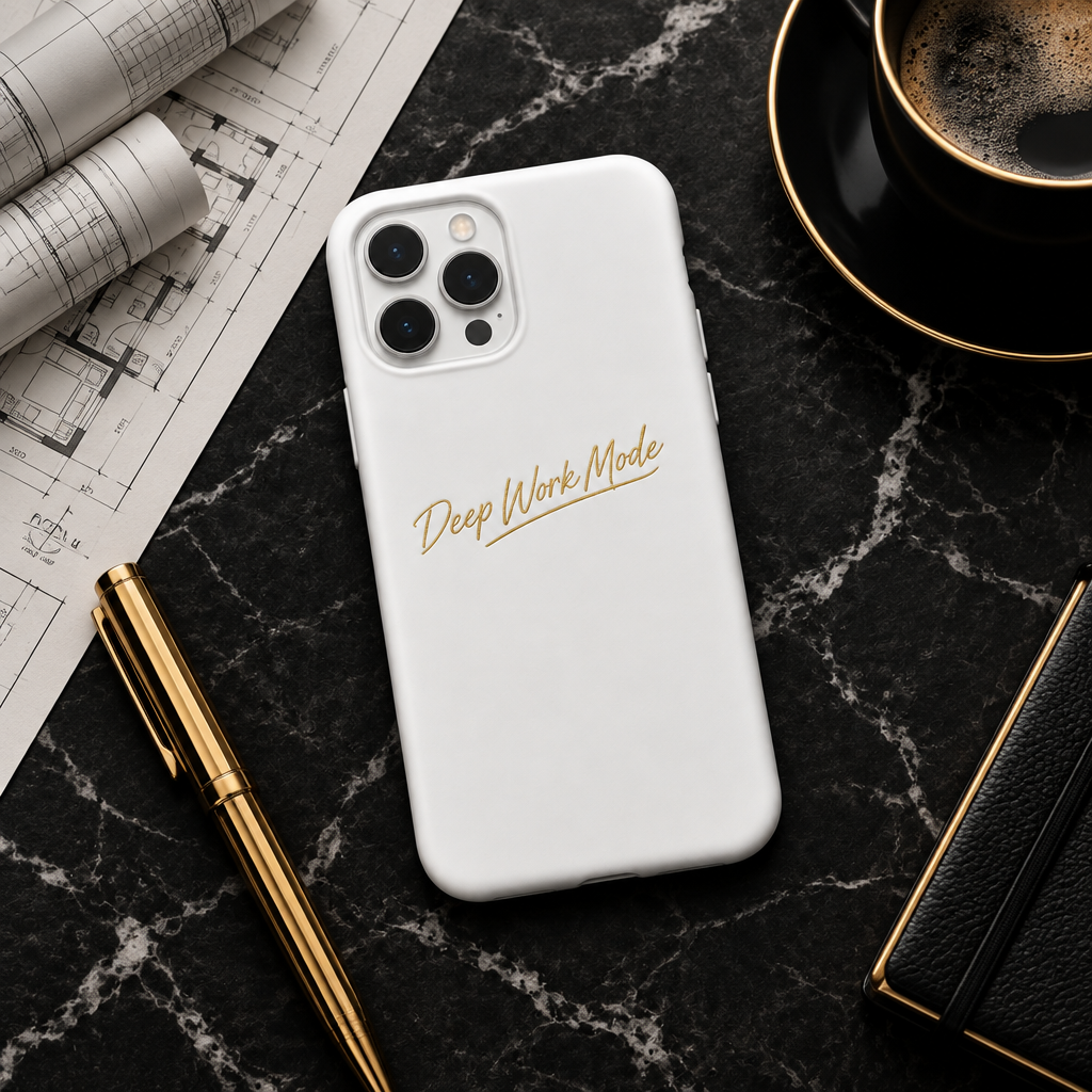 Phone case flat lay on dark marble with gold stationery