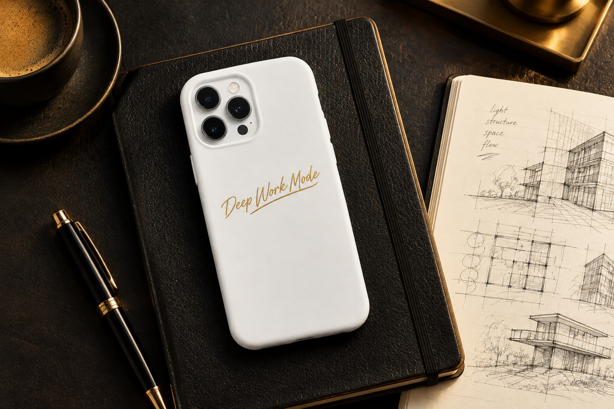Phone case on dark leather notebook with architecture sketchbook