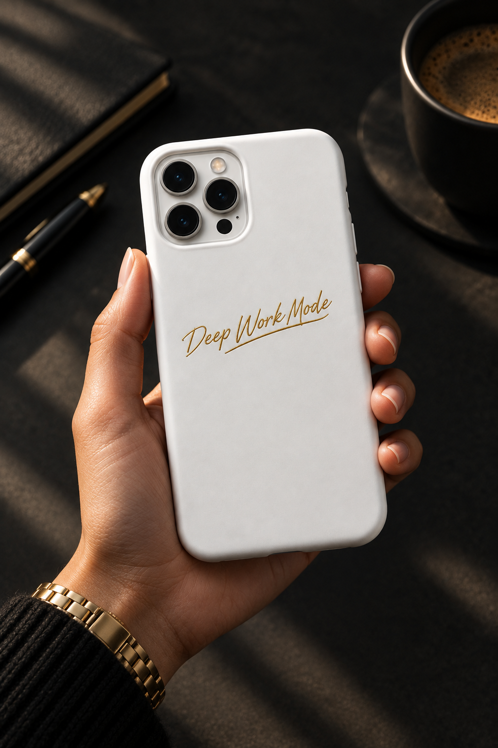 Phone case held in hand against dark moody background