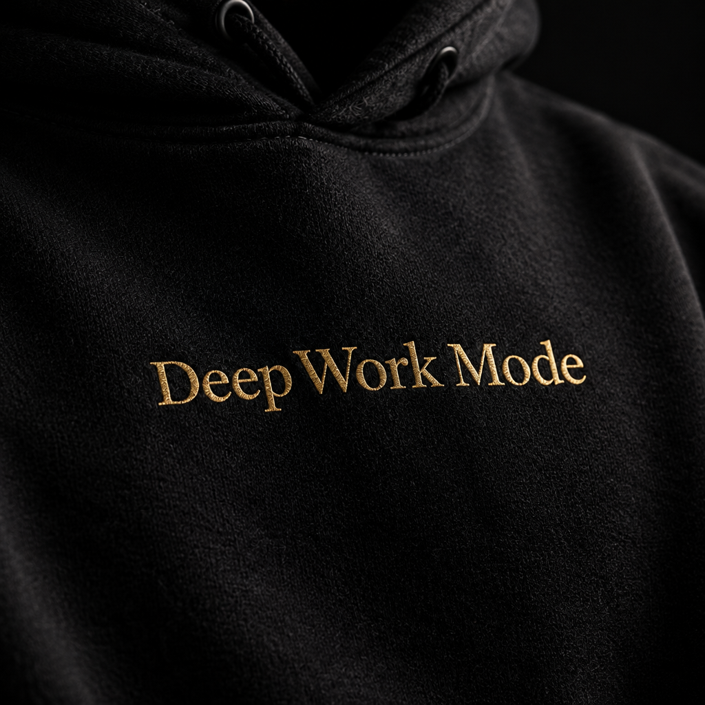 Deep Work Mode hoodie — close-up gold chest text detail