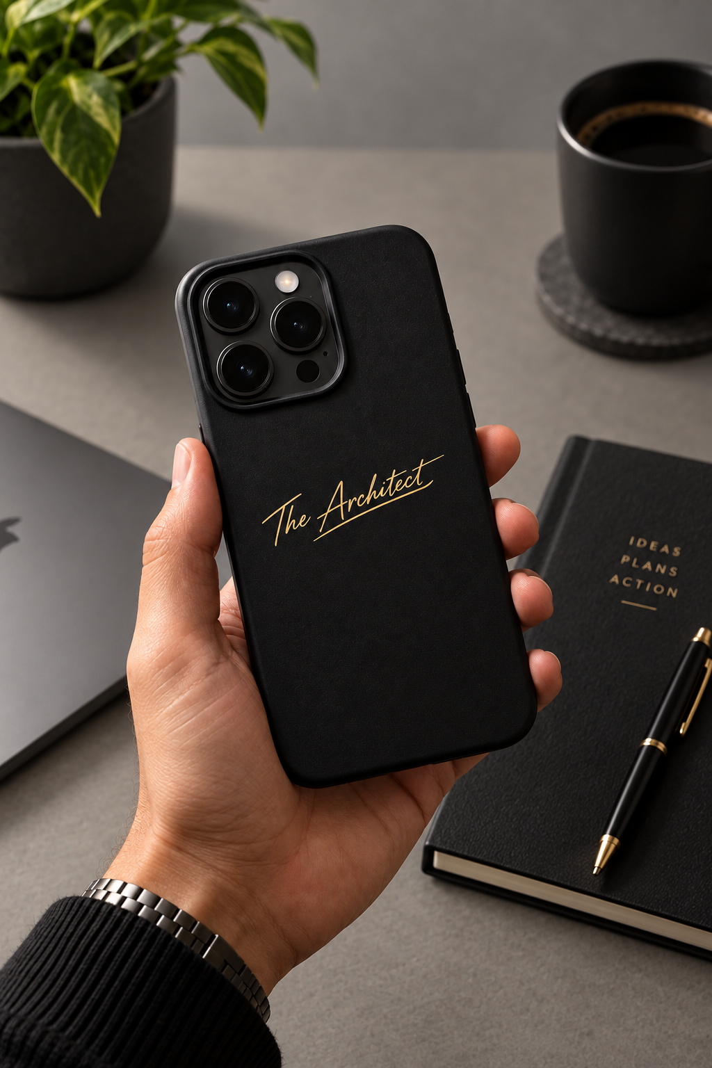 iPhone 16 Pro matte black The Architect case held at desk grey background