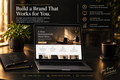 Done-For-You Brand Architecture — laptop showing personal brand website on dark premium desk with gold pen and notebook