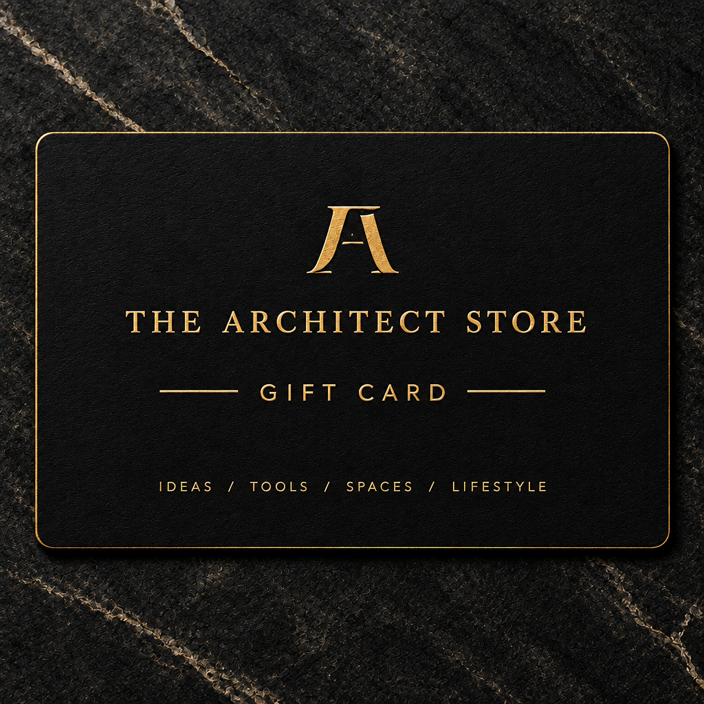 The Architect Store Gift Card — close-up flat lay, gold monogram on black matte card