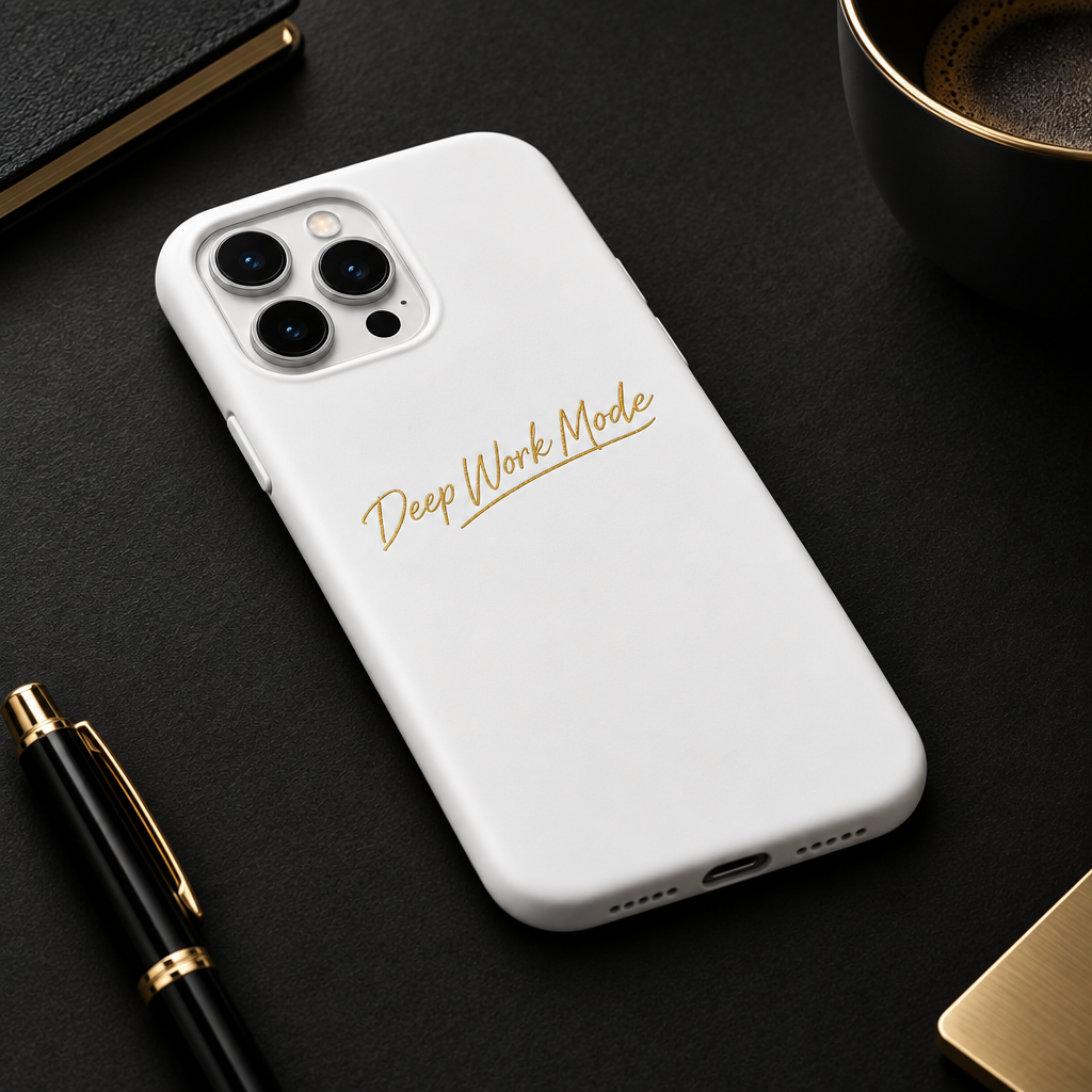 Phone case 3/4 angle profile on dark desk