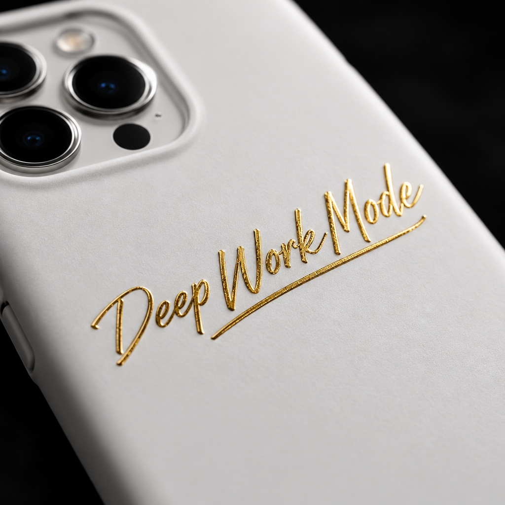 Close-up macro of Deep Work Mode gold lettering